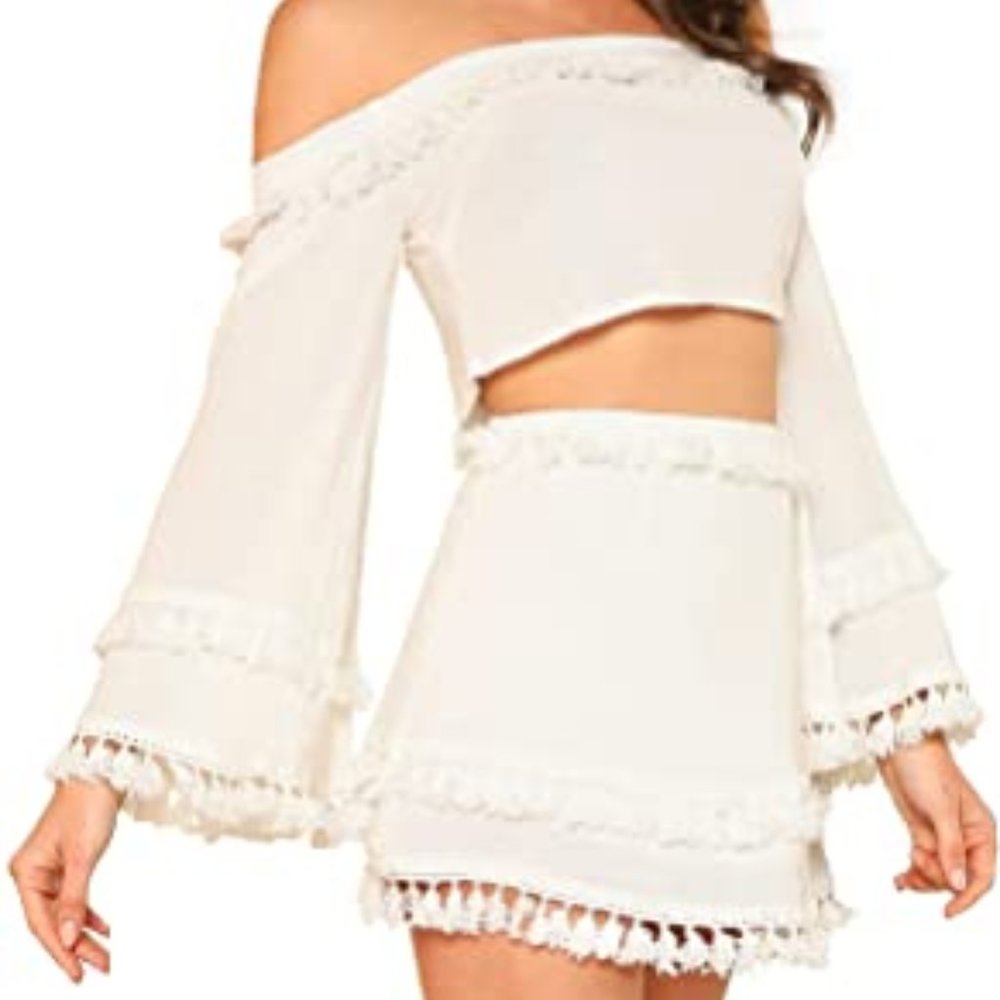 Shein 2 Piece Fringe Tassle Trim Crop Top Skirt